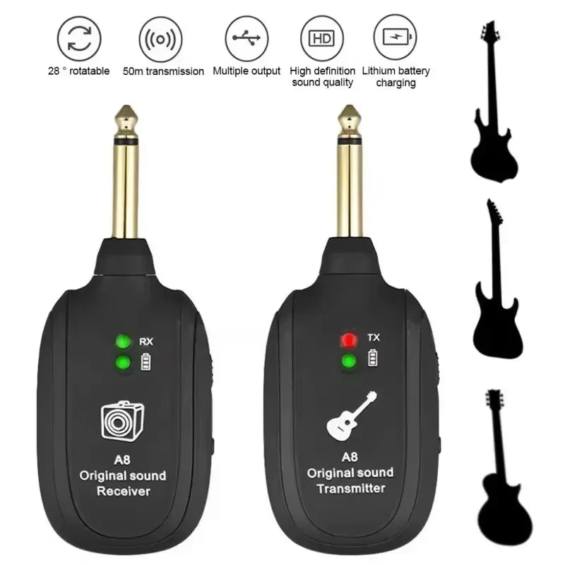 Miwayer A8 Guitar Wireless System - Built-in Rechargeable Transmitter & Receiver for Electric Guitar/Bass