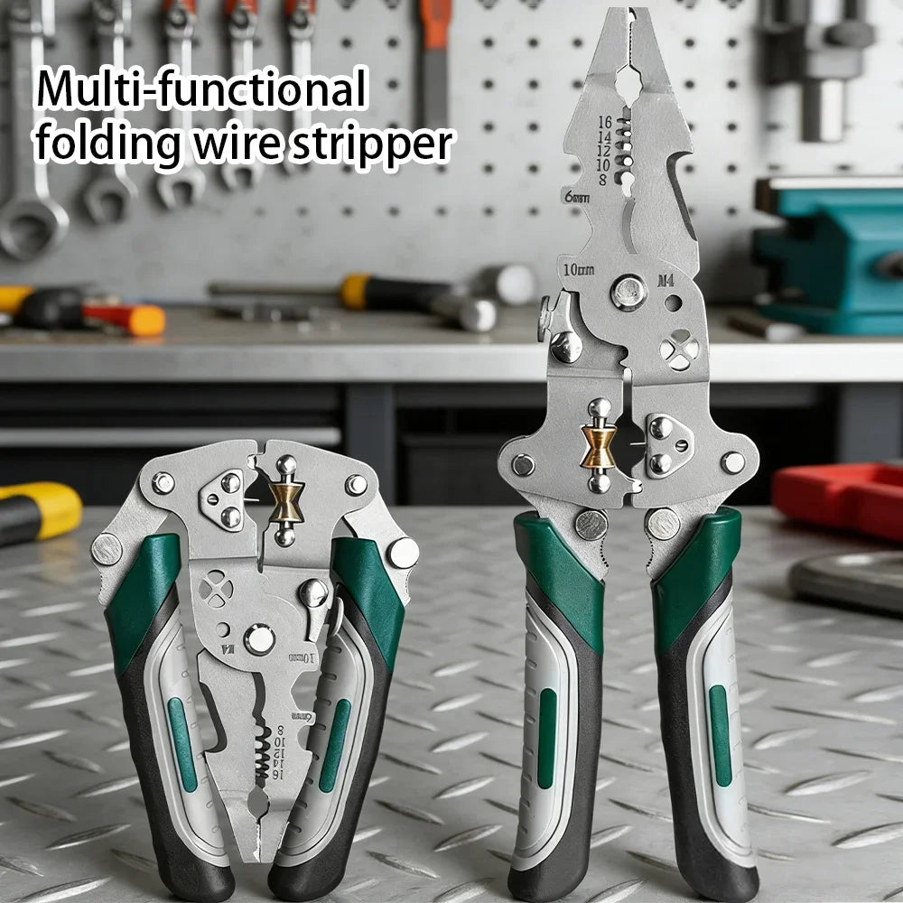Multi-Function Foldable Electrician Tool with Pulley Design, Combines Wire Stripper, Splitter, Winding & Crimping Pliers