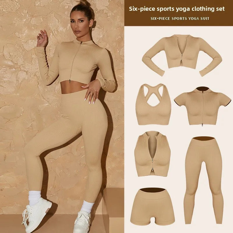 Seamless Knitted Yoga 6-Piece Set - Zipper Vest High-Waist Butt-Lifting Pants Outdoor Long Sleeve Fitness Outfit