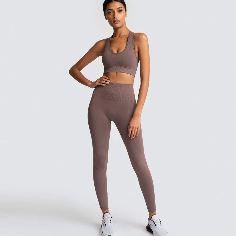 Women's Seamless Yoga Set Fitness Crop Top & Tummy Control High Waist Leggings with Built-in Bra Workout