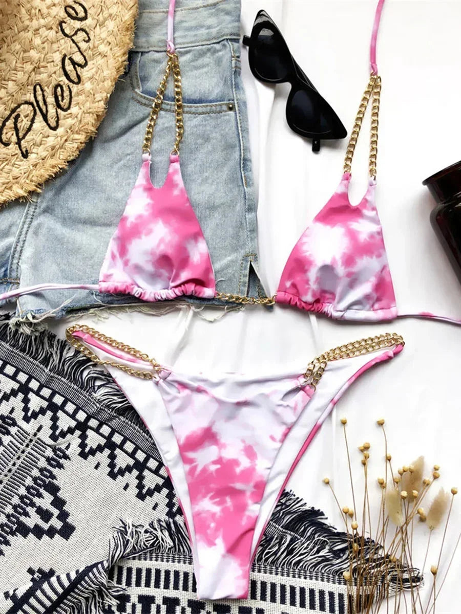 Sexy Halter Metal Chains Brazilian Bikini 2025 Women Swimsuit Female Swimwear Two Pieces Bikini Set Bathing Suit Swim Beach Wear