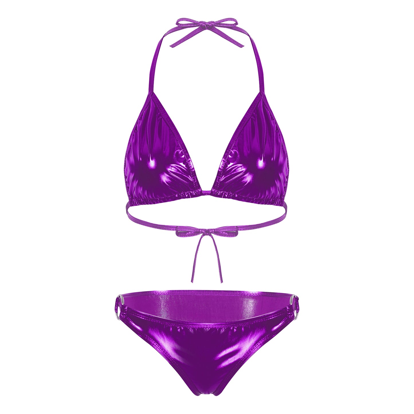 Womens Metallic Shiny Bikini Swimwear Pool Party Swimming Bathing Suit Halter Lace-up Bra with O Ring Briefs Bikini Swimsuit