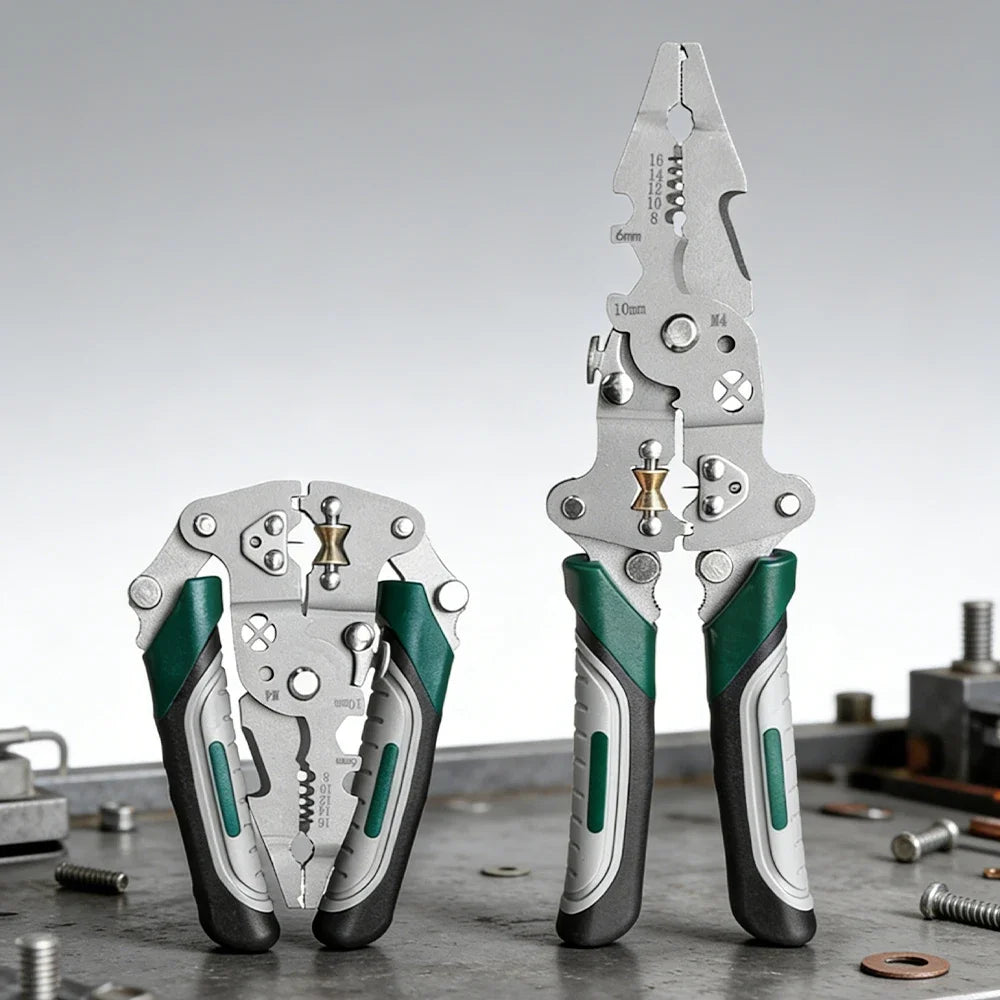 Multi-Function Foldable Electrician Tool with Pulley Design, Combines Wire Stripper, Splitter, Winding & Crimping Pliers