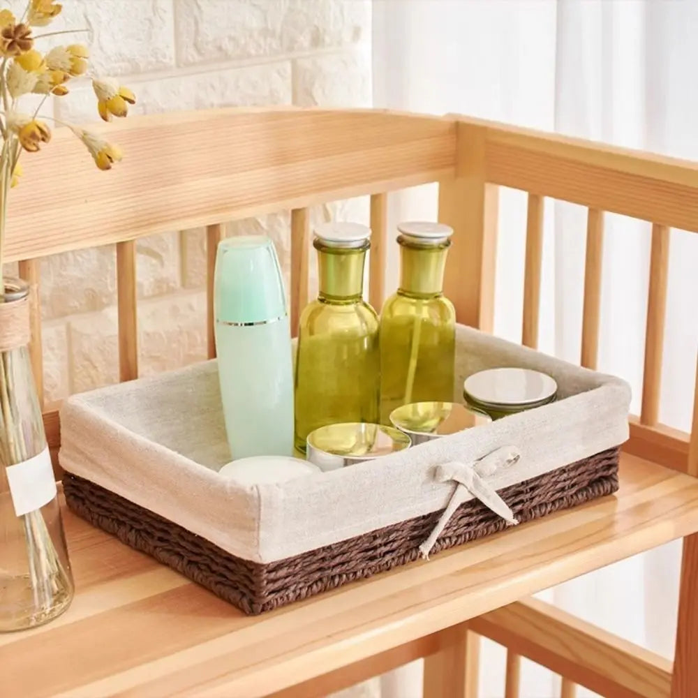 Rectangular Handmade Rattan Storage Baskets French Style Bow Weaving Storage Tray Reusable Bohemian Style Cosmetics Storage Box