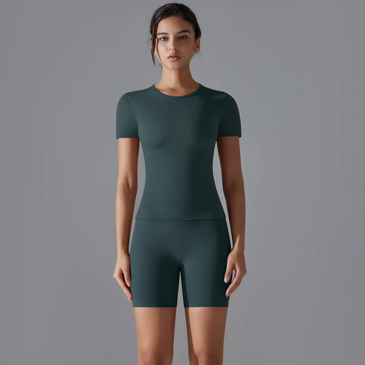 Yoga Set Women Sports Short Sleeve Top With High Waist Leggings