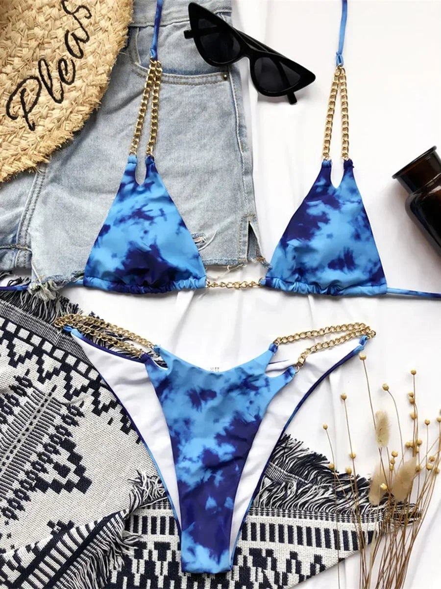Sexy Halter Metal Chains Brazilian Bikini 2025 Women Swimsuit Female Swimwear Two Pieces Bikini Set Bathing Suit Swim Beach Wear