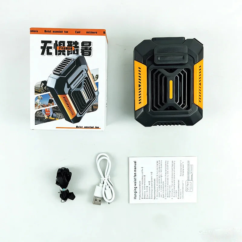 Portable waistband fan, mini USB rechargeable plastic fan with LED lighting, wireless, 3-speed, for outdoor exercise.