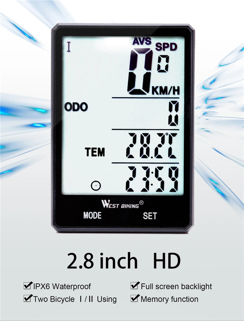 WEST BIKING Bike Compuer Stopwatch IPX6 Waterproof 2.8In Cycling Speedometer Wireless Multifuction 2 Backlight Modes Odometer