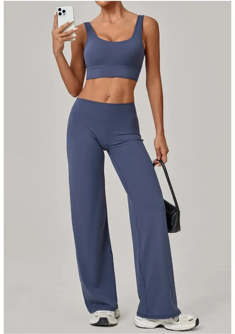 New Women Yoga Set Double Strap Bra Straight Leg Pants Quick Dry Gym Fitness Workout Clothes Outdoor Running Sports Set