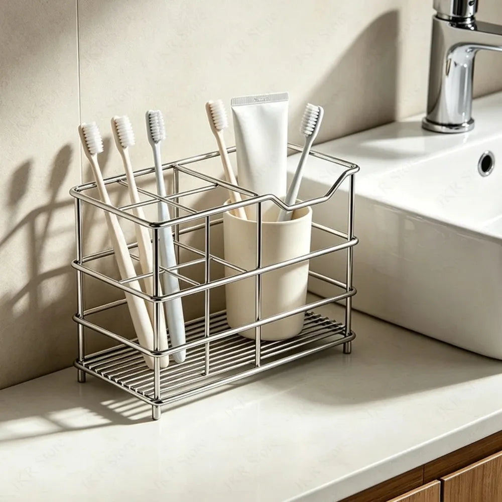 Bathroom Countertop Toothbrush Storage Rack Stainless Steel Organizer for Toothpaste Cups Razors and Daily Essentials