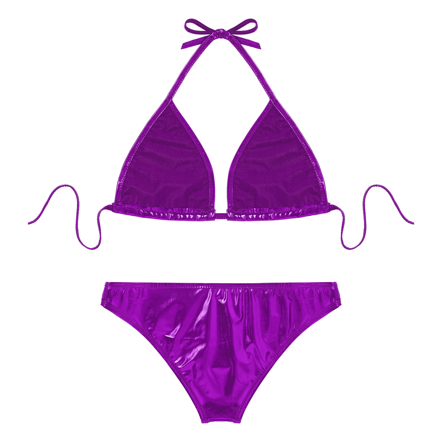 Womens Metallic Shiny Bikini Swimwear Pool Party Swimming Bathing Suit Halter Lace-up Bra with O Ring Briefs Bikini Swimsuit