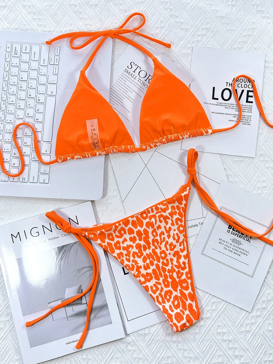 Sexy Leopard Micro Bikini 2023 Women Swimsuit Female Swimwear Thong Bikinis Set Brazilian Halter Beach Wear Lace Up Bathing Suit
