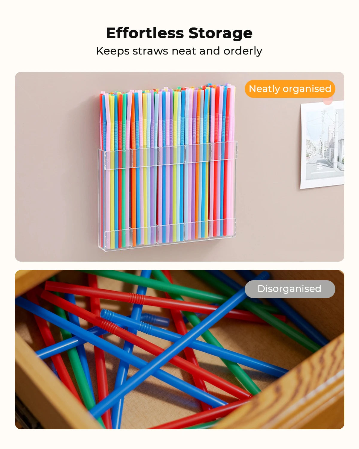 Reusable Straw Holder, Kitchen Countertop Storage Rack with Strong Double-Sided Tape, Suitable for Countertops, Cabinets (Clear)