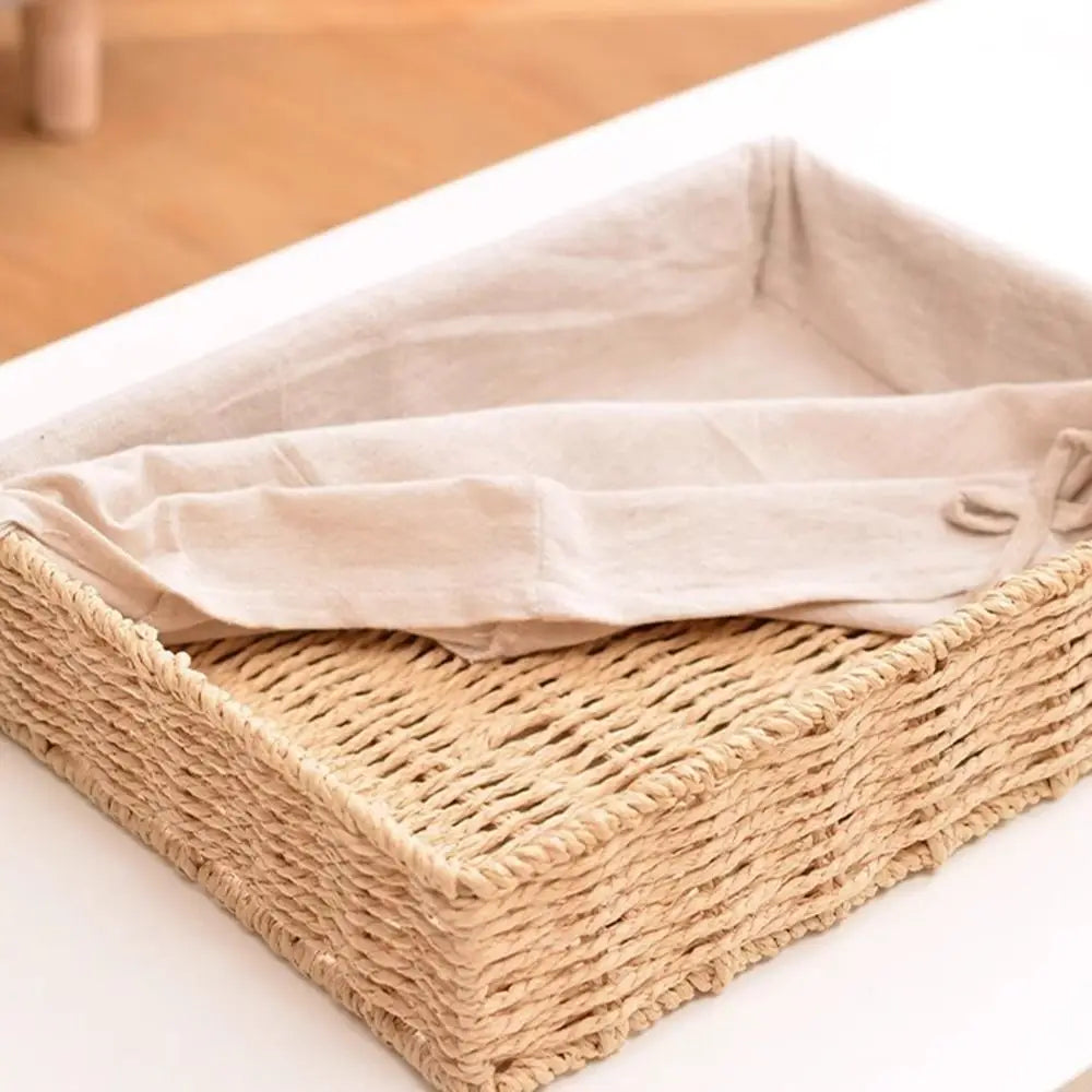 Rectangular Handmade Rattan Storage Baskets French Style Bow Weaving Storage Tray Reusable Bohemian Style Cosmetics Storage Box