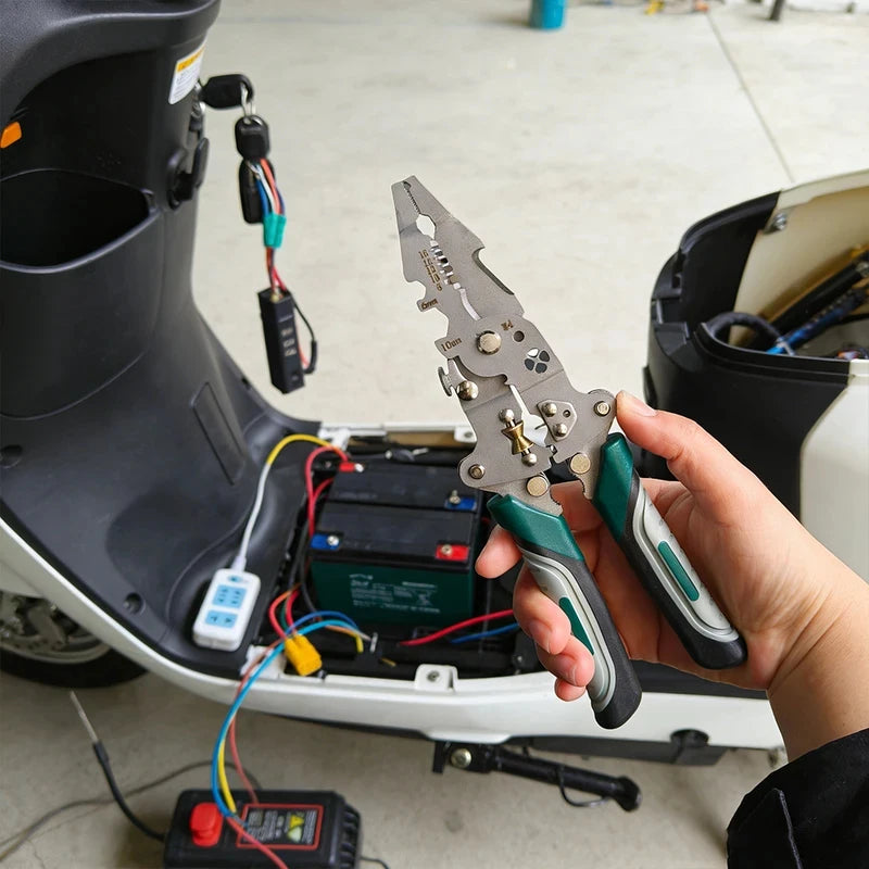 Multi-Function Foldable Electrician Tool with Pulley Design, Combines Wire Stripper, Splitter, Winding & Crimping Pliers