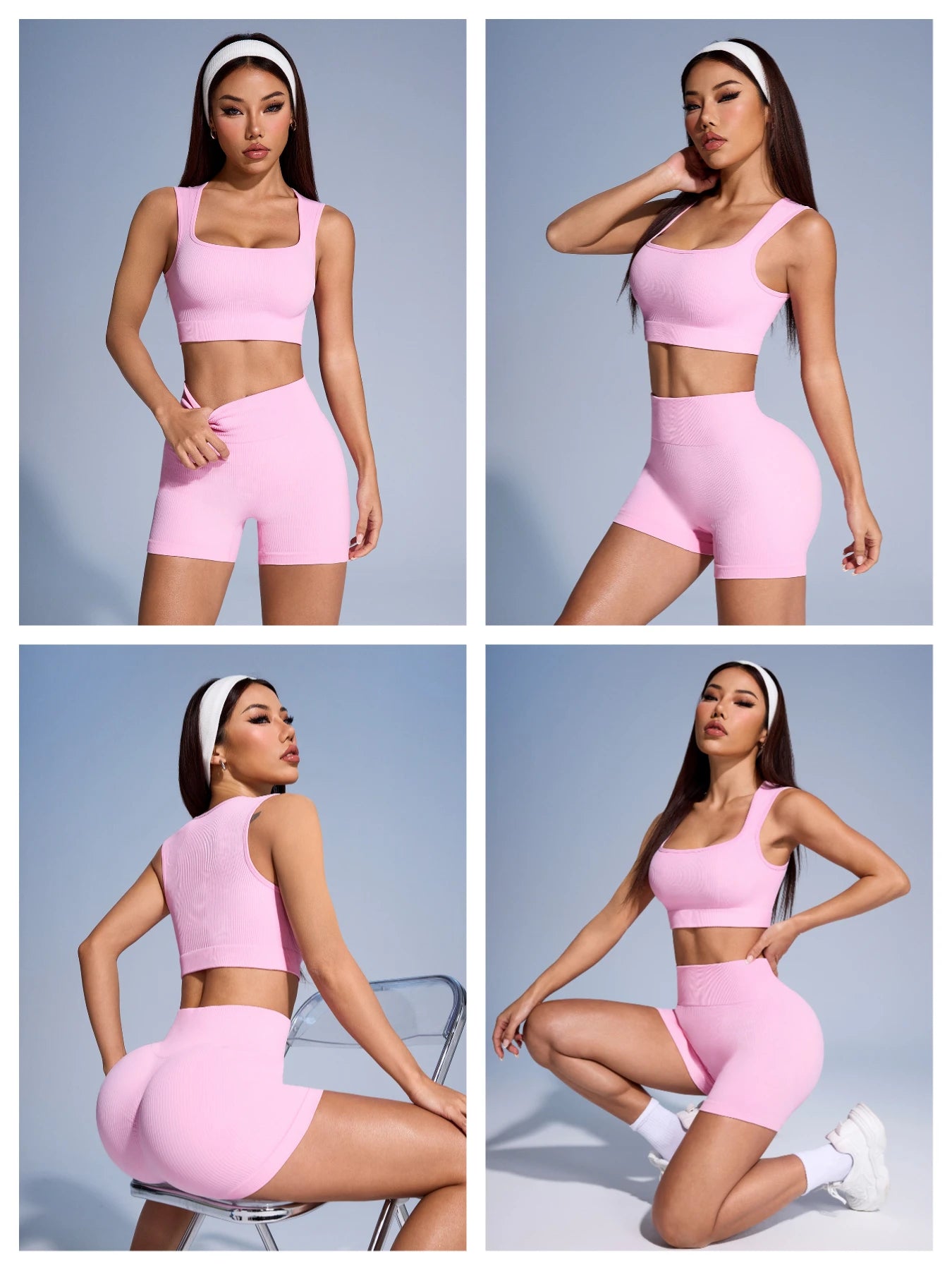 Seamless Ribbed Yoga Sets Workout Sets for Women 2 Pieces Gym Suits Ribbed Crop Tank High Waist Shorts Outfits Fitness