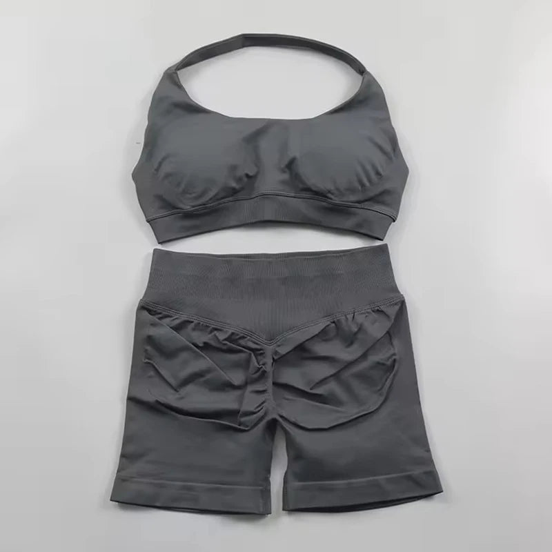 Sports Shorts Set 2 Pieces Seamless Yoga Set Workout Tracksuit Halter Yoga Top And Sports Short Suit
