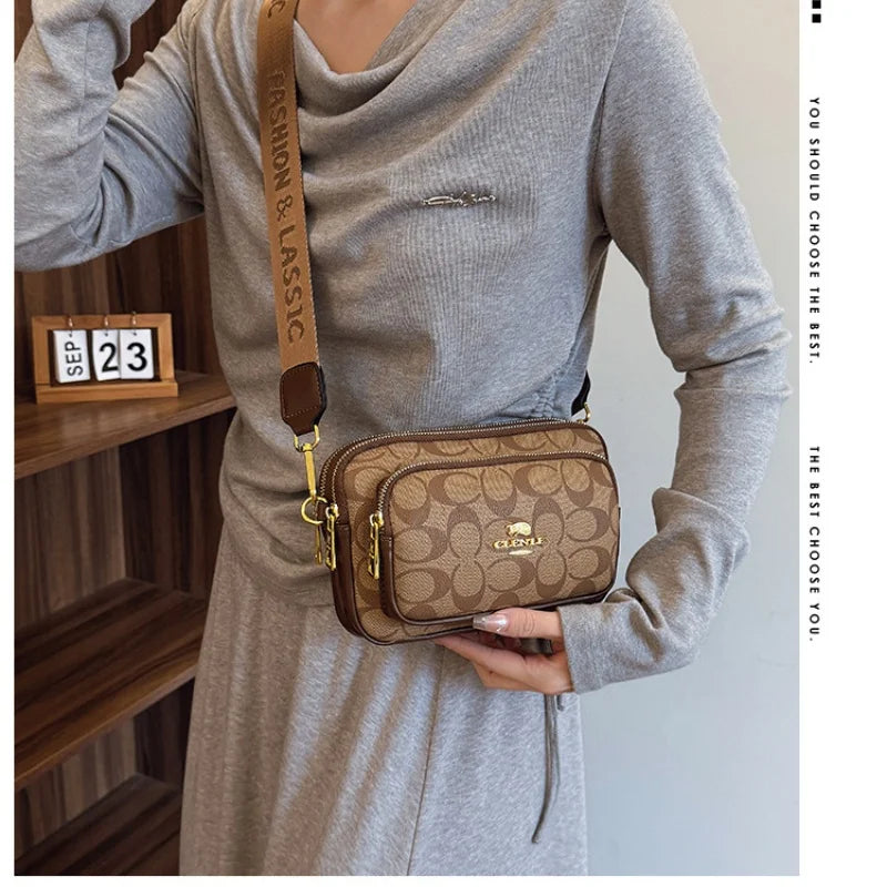 Original Circular-Pattern Logo Crossbody: Retro-luxury, durable fabric, adjustable strap. Ideal for daily/work/social use