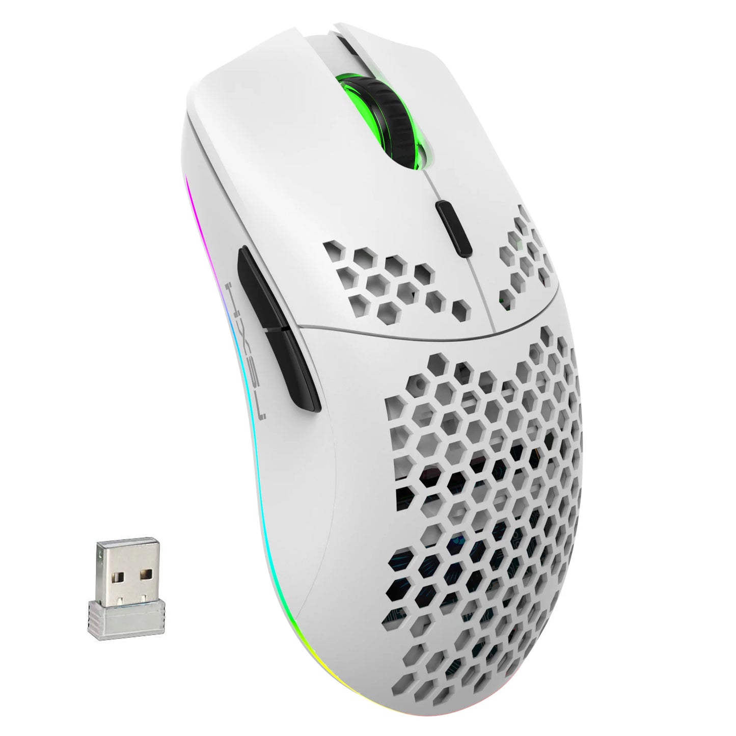 Wireless Mouse 2.4G with Built-in Rechargeable Battery, RGB Lighting, Honeycomb Design, Plug-and-Play USB