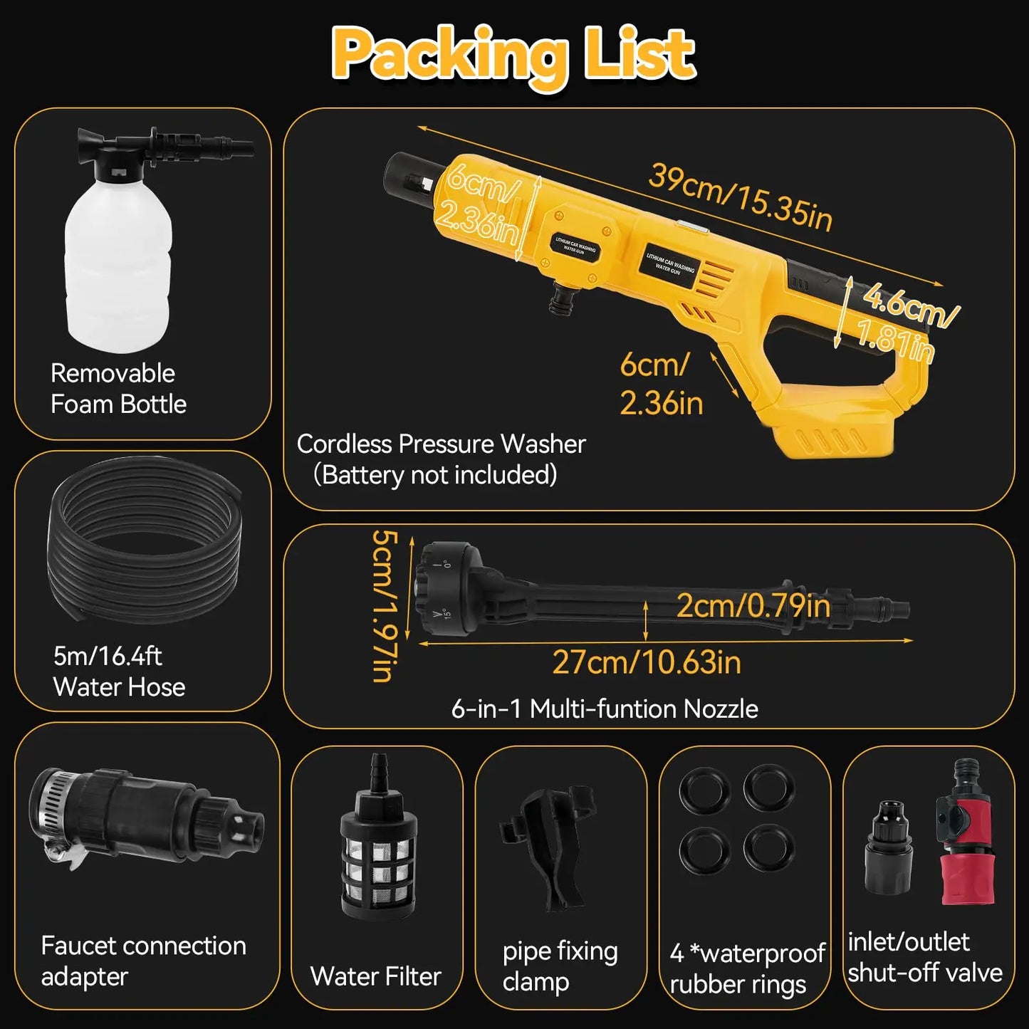 Cordless Garden Irrigation Cleaning Tool Compatible with Dewalt 20V Battery 6 IN 1 High Pressure Car Washer Gun