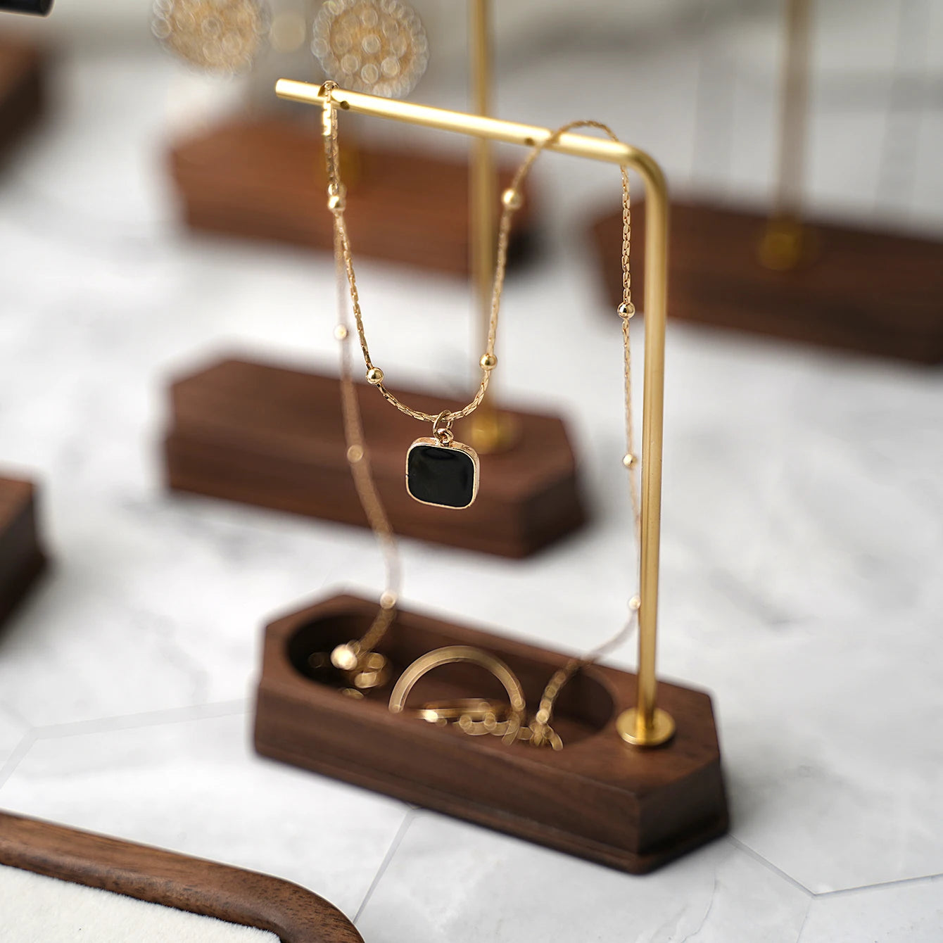 Multi - Use Jewelry Display Rack, Walnut Base Gold/Black Metal Top Rated Holder for Earrings/Necklaces, Loved by Boutique Owners