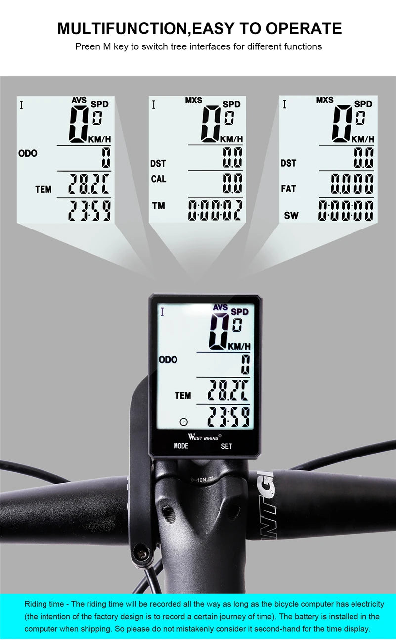 WEST BIKING Bike Compuer Stopwatch IPX6 Waterproof 2.8In Cycling Speedometer Wireless Multifuction 2 Backlight Modes Odometer