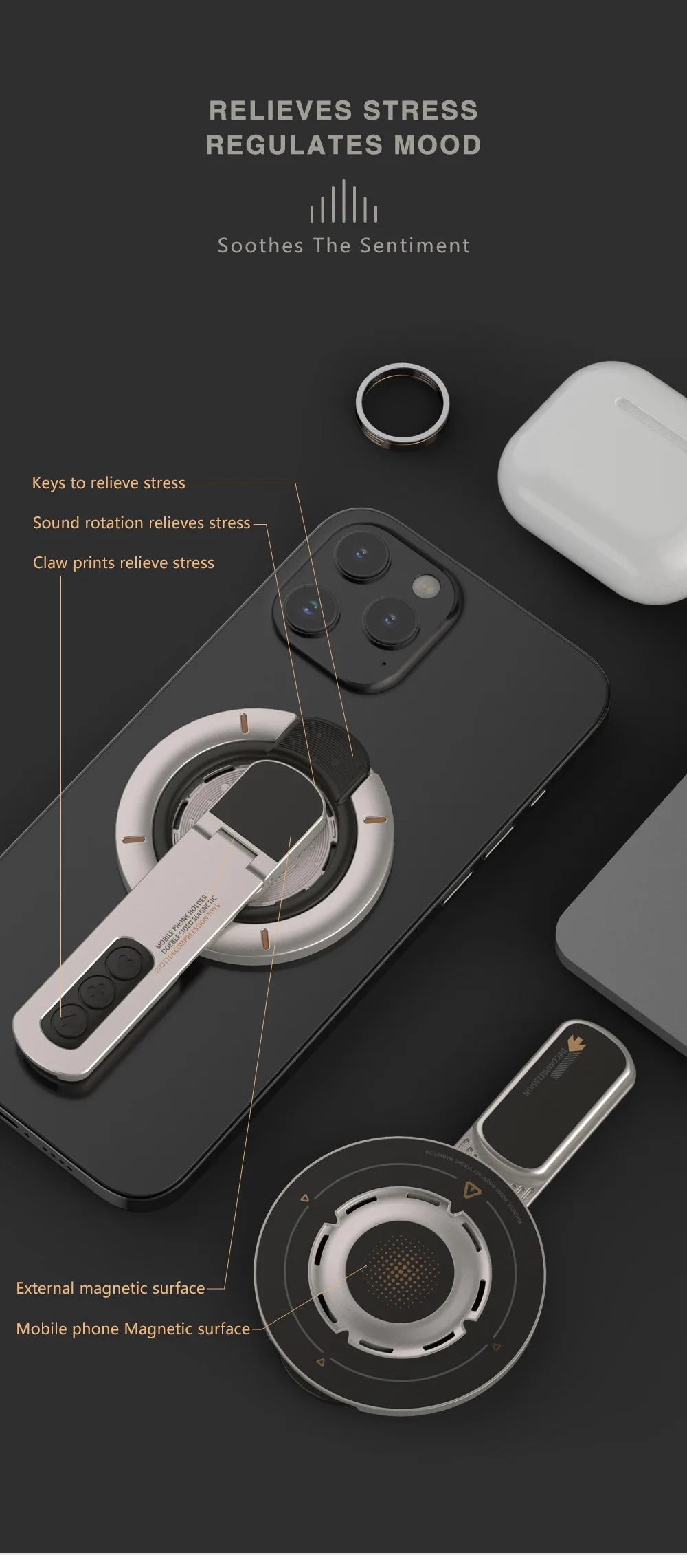 3-in-1 Magnetic Finger Ring Holder Rotate Double-Sided Magnetic Phone Stand for iPhone 17 16 15 14 13 12 MagSafe