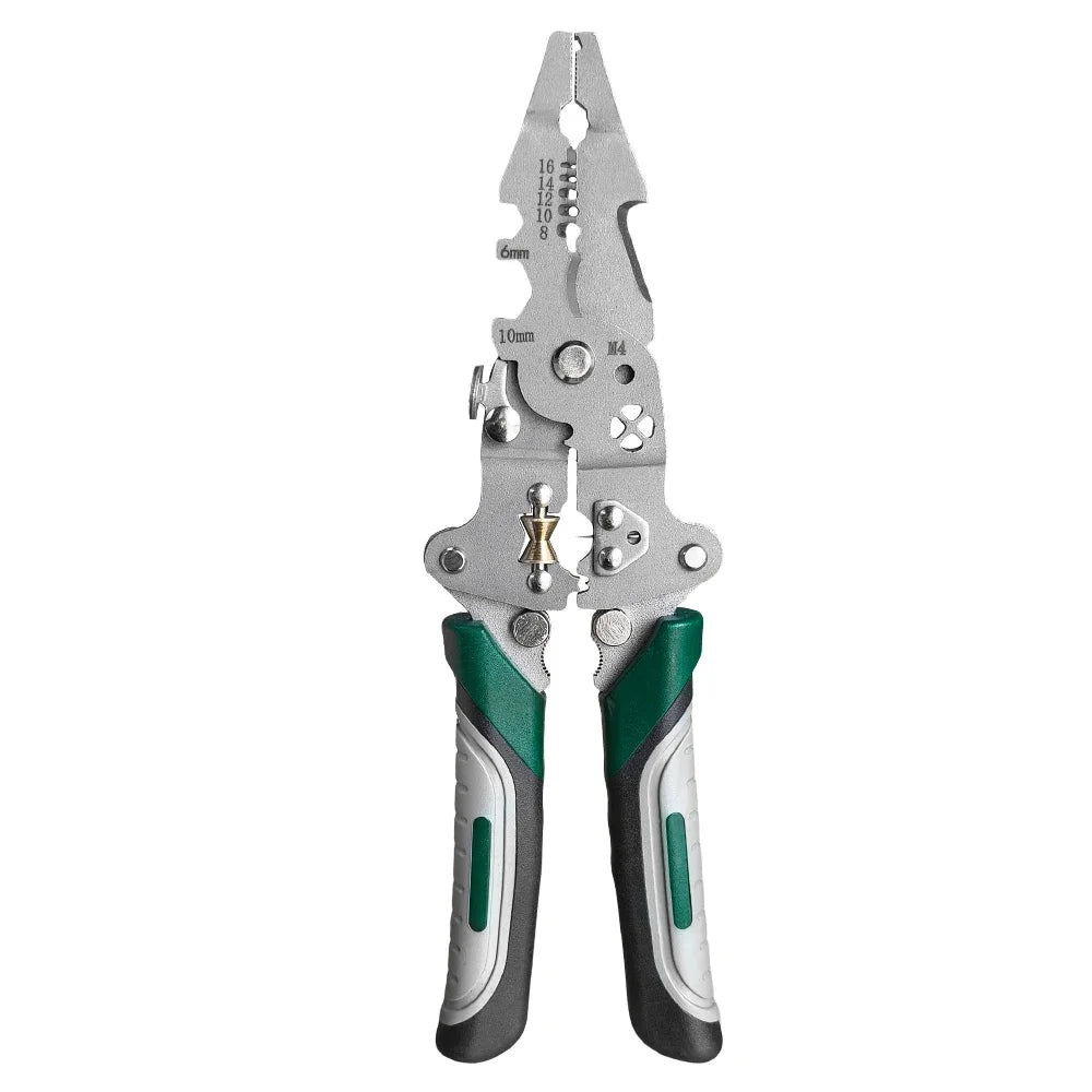 Multi-Function Foldable Electrician Tool with Pulley Design, Combines Wire Stripper, Splitter, Winding & Crimping Pliers