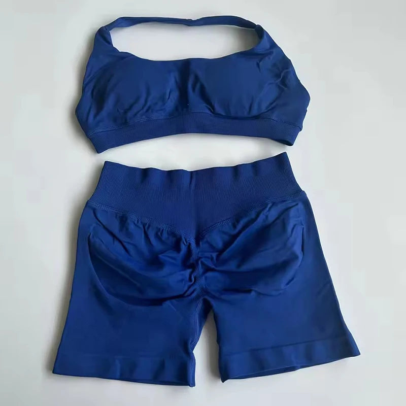 Sports Shorts Set 2 Pieces Seamless Yoga Set Workout Tracksuit Halter Yoga Top And Sports Short Suit