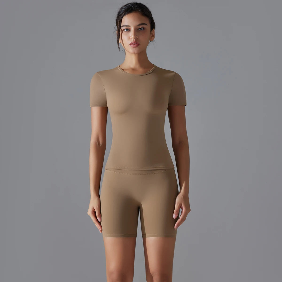 Yoga Set Women Sports Short Sleeve Top With High Waist Leggings