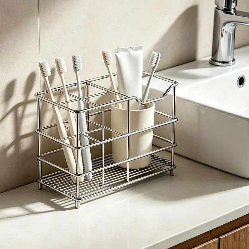 Bathroom Countertop Toothbrush Storage Rack Stainless Steel Organizer for Toothpaste Cups Razors and Daily Essentials