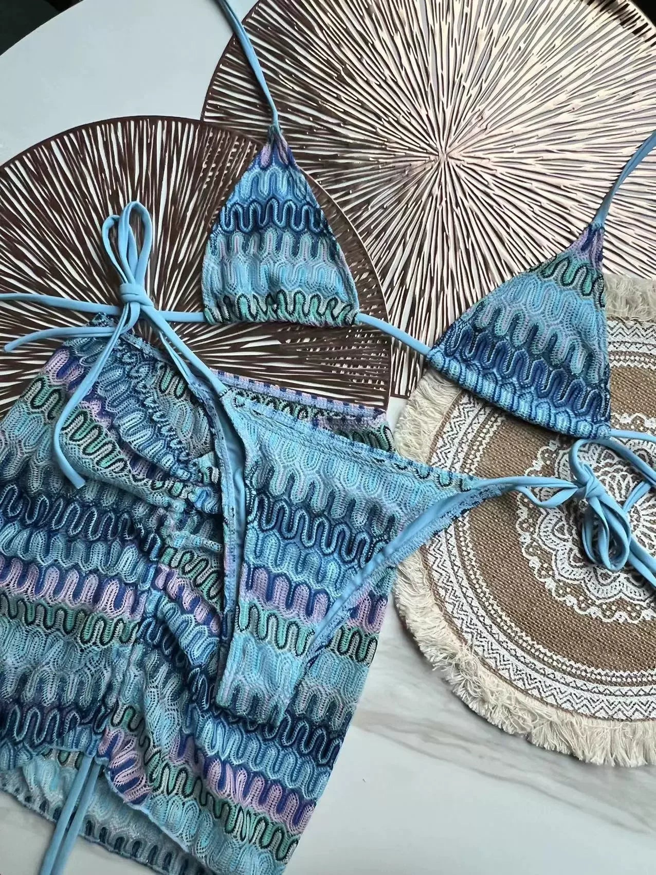 Women Swimsuit Colored Maple Leaves Knitted Bikini Skirt Three-Piece Set Split Swimsuit Bikini