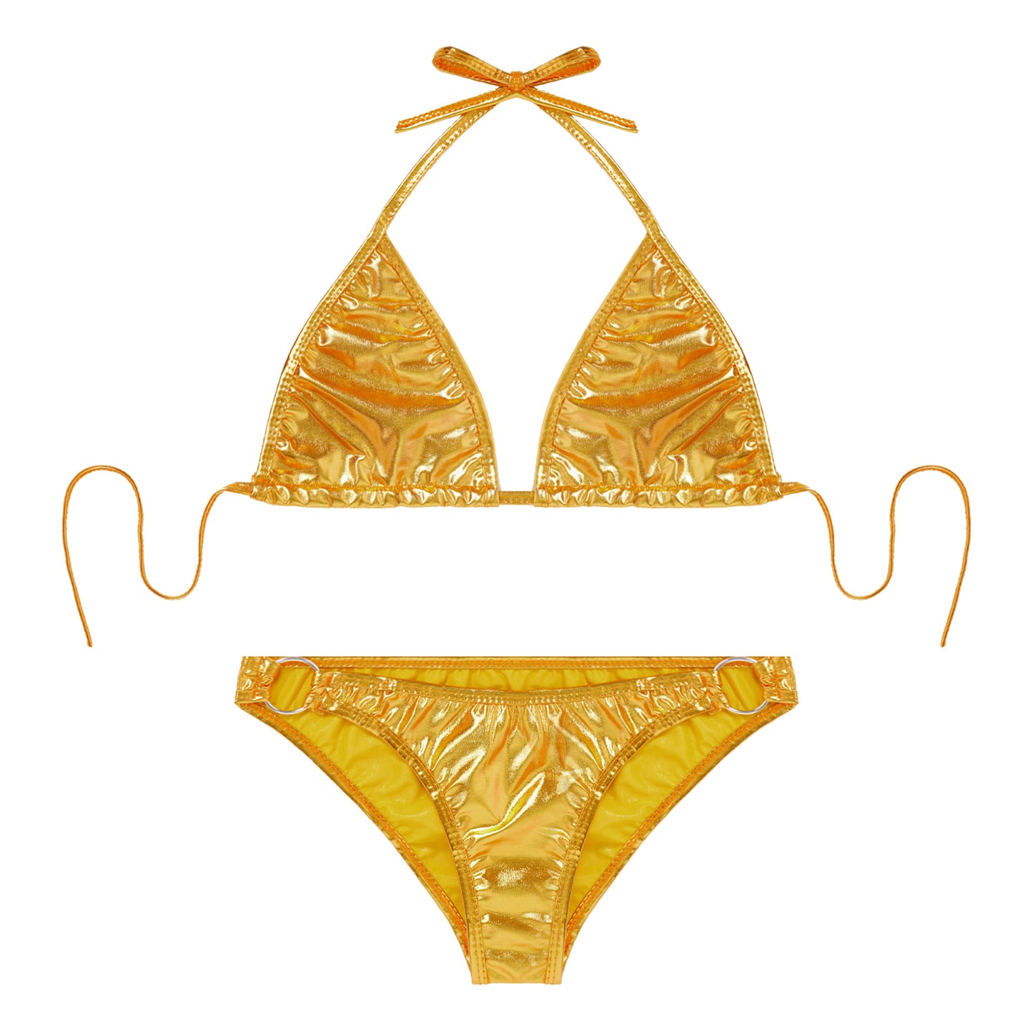 Womens Metallic Shiny Bikini Swimwear Pool Party Swimming Bathing Suit Halter Lace-up Bra with O Ring Briefs Bikini Swimsuit