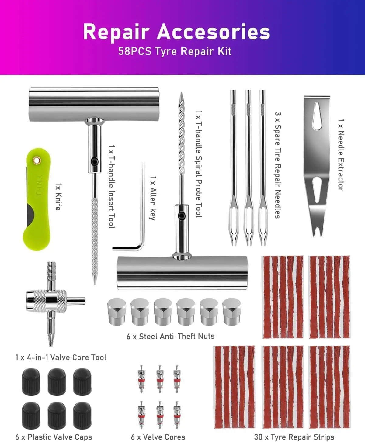 Tire Repair Kit 59pcs Heavy Duty Tire Plug Set, Tire Repair Kit,Heavy Duty Tire Plug Kit