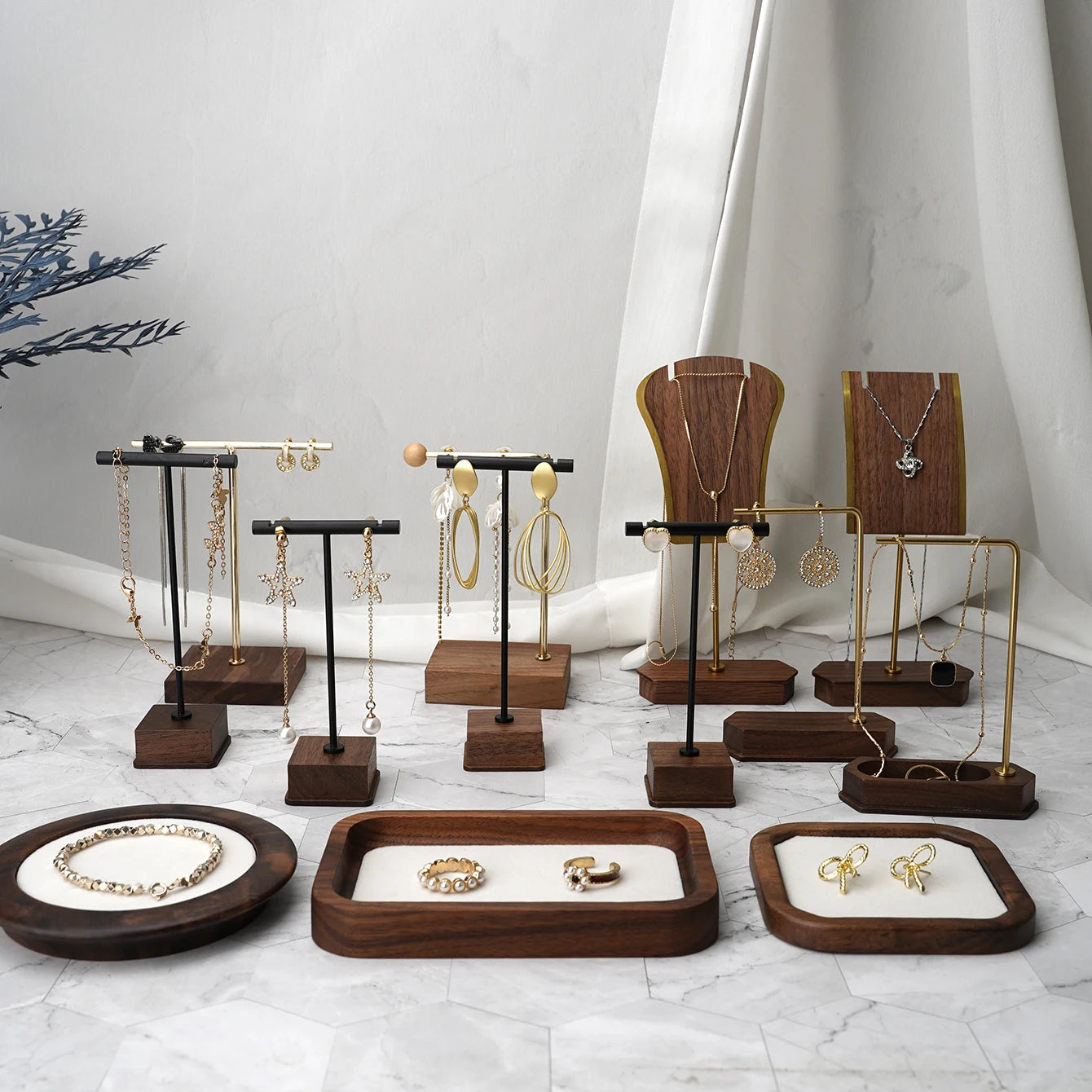 Multi - Use Jewelry Display Rack, Walnut Base Gold/Black Metal Top Rated Holder for Earrings/Necklaces, Loved by Boutique Owners