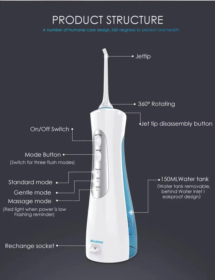 Cordless Teeth cleaning Water Dental Flosser Travel Oral Irrigator USB Rechargeable IPX7 Mouth Washing Machine Tooth Cleaner