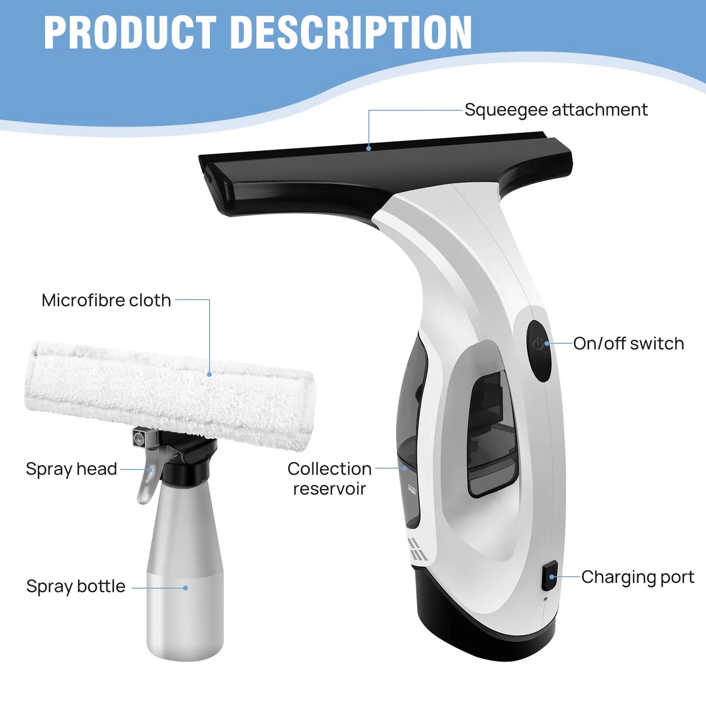 Cordless Window Vacuum Cleaner Rechargable 3-in-1 Spray/Clean/Suck Window Cleaning Tool Set for Showers Mirrors Tiles Home Use