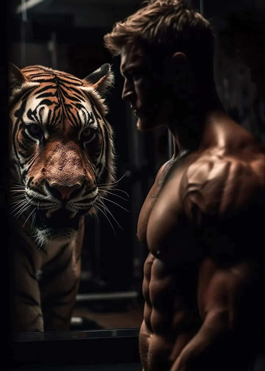 Gym Motivation Muscle Man with Tiger Bodybuilding Fitness Art Poster Canvas Painting Wall Print Picture for Home Gym Decor