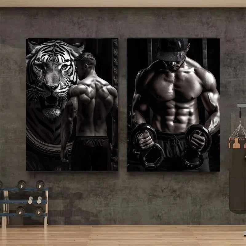 Gym Motivation Muscle Man with Tiger Bodybuilding Fitness Art Poster Canvas Painting Wall Print Picture for Home Gym Decor