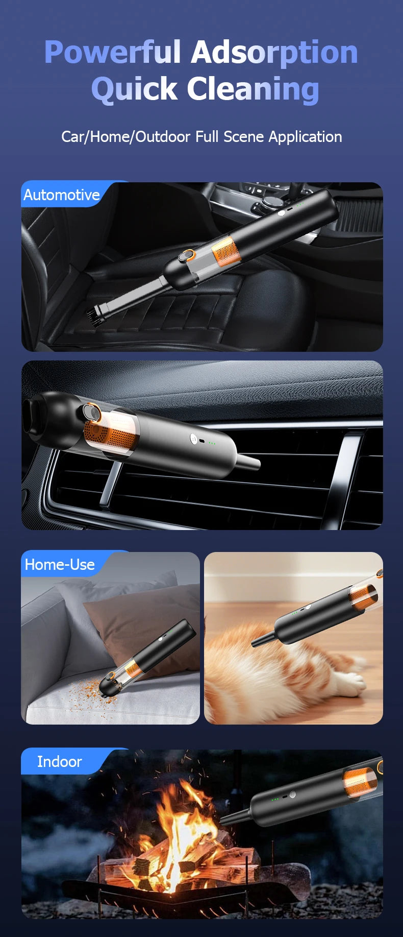 Compact vacuum cleaner is suitable for computer rooms, indoor and outdoor areas, and cars. It has extremely strong suction power