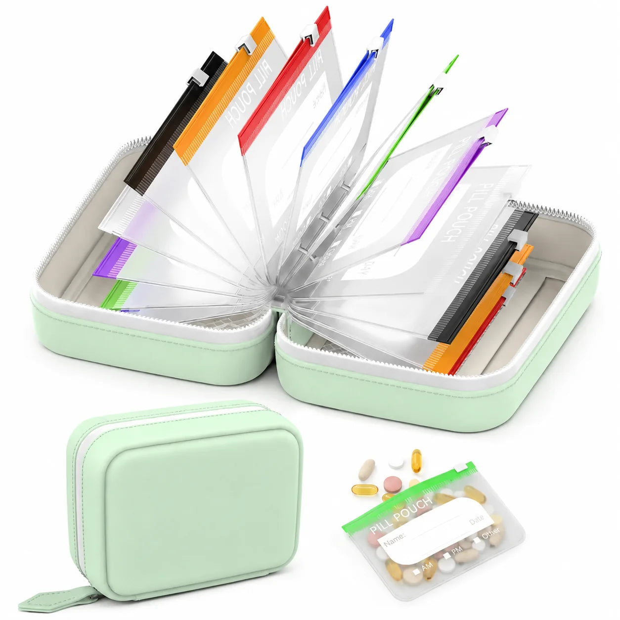 Travel Pill Organizer with 14 Reusable Zipper Pouches, Food Grade Silicone Case for Medicine and Daily Essentials