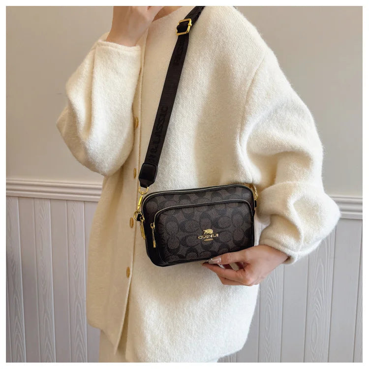 Original Circular-Pattern Logo Crossbody: Retro-luxury, durable fabric, adjustable strap. Ideal for daily/work/social use
