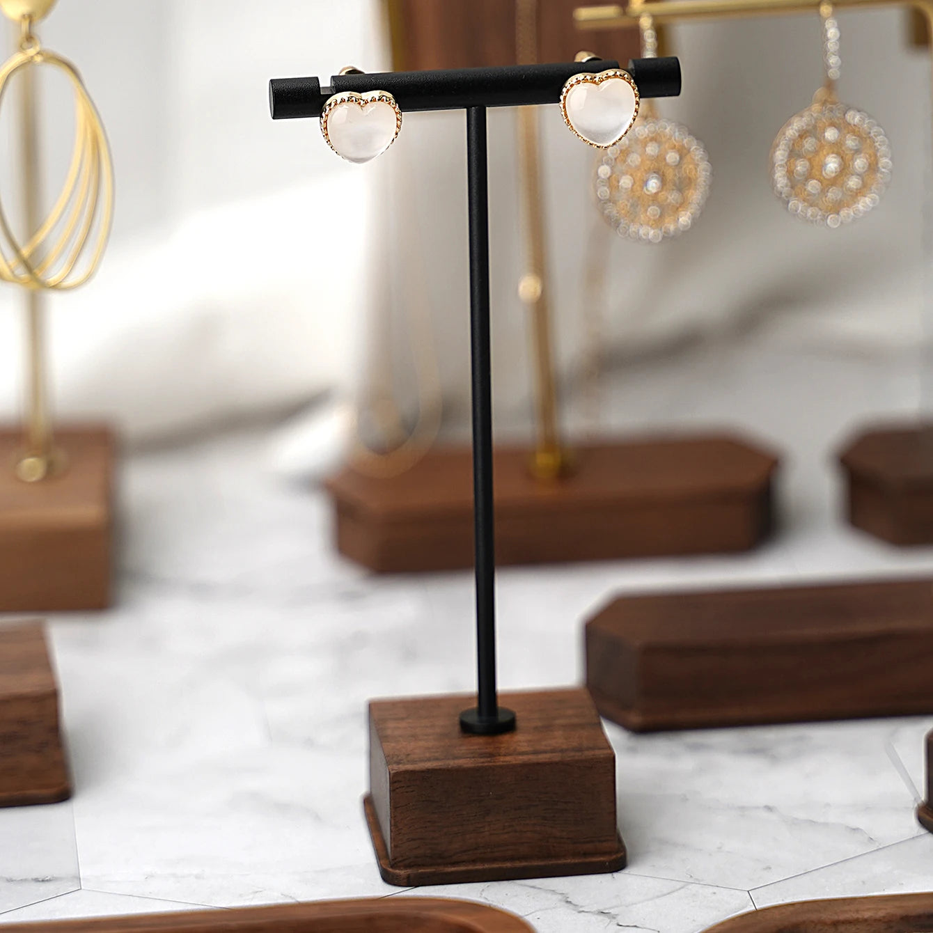 Multi - Use Jewelry Display Rack, Walnut Base Gold/Black Metal Top Rated Holder for Earrings/Necklaces, Loved by Boutique Owners