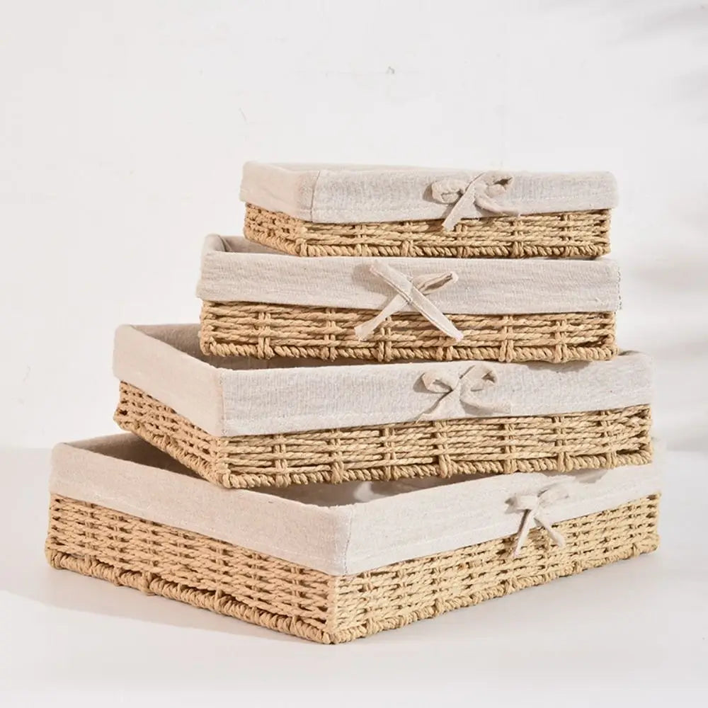 Rectangular Handmade Rattan Storage Baskets French Style Bow Weaving Storage Tray Reusable Bohemian Style Cosmetics Storage Box