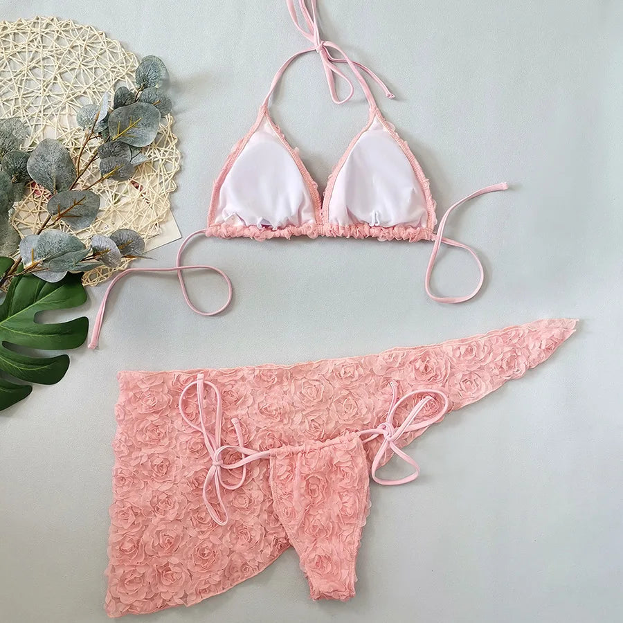Women's Sexy 3 Piece Bikini Set 3D Flower Beach Skirt Swimsuit Pure Pink Triangle Halter Backless Thong Swimwear 2025 Summer New