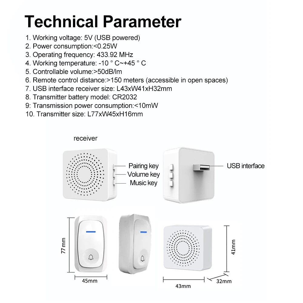 USB Wireless Doorbell Smart Welcome Door Bell Three-speed volume 38