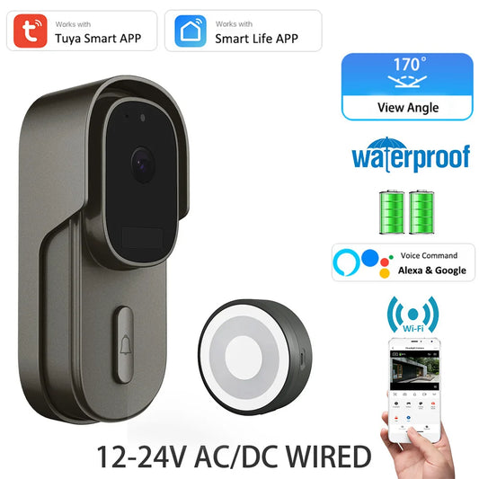 Tuya Video Doorbell WiFi Wireless Door Bell DC AC Battery Powered 1080P 2MP Waterproof