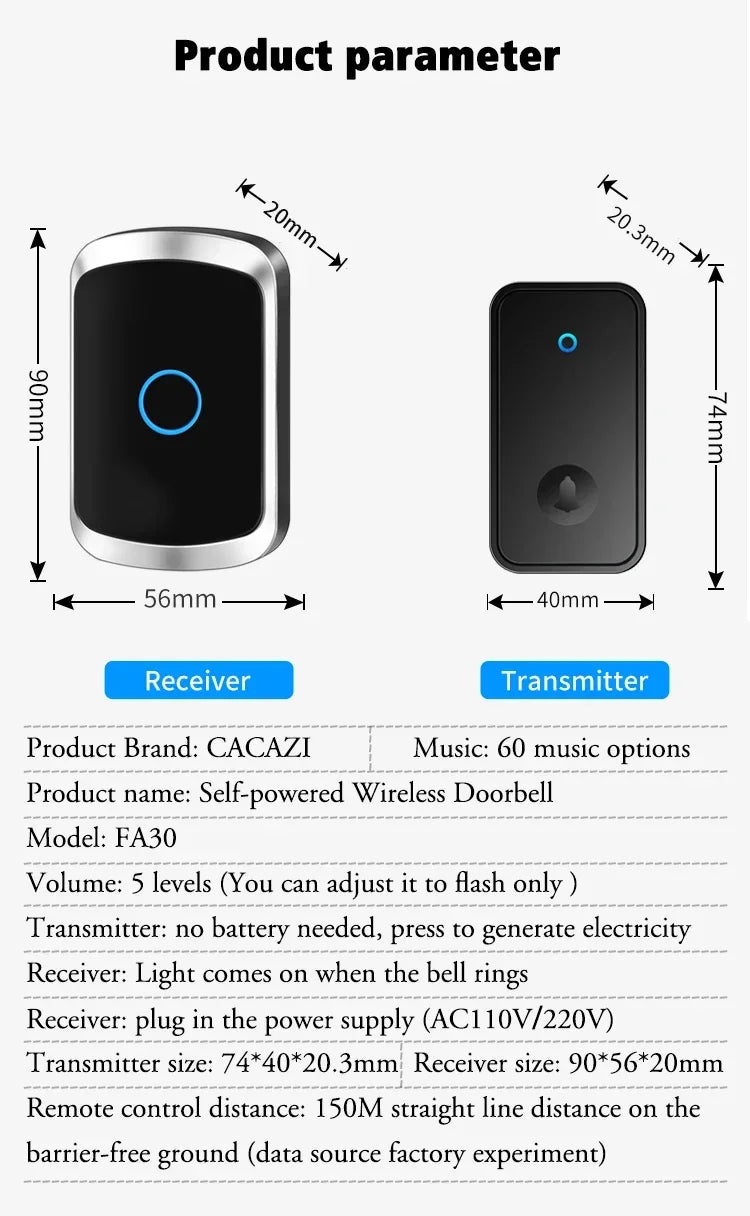 Self-Powered Wireless Doorbell – Waterproof Design, No Battery Needed, 150M Range, Smart Home Compatible