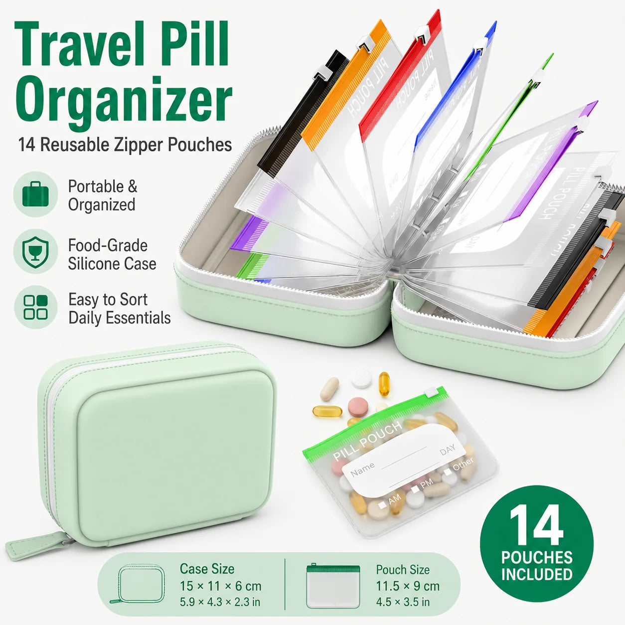 Travel Pill Organizer with 14 Reusable Zipper Pouches, Food Grade Silicone Case for Medicine and Daily Essentials