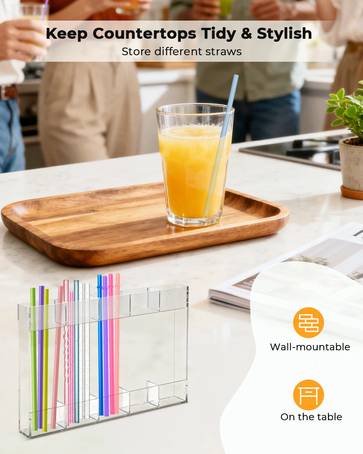 Reusable Straw Holder, Kitchen Countertop Storage Rack with Strong Double-Sided Tape, Suitable for Countertops, Cabinets (Clear)